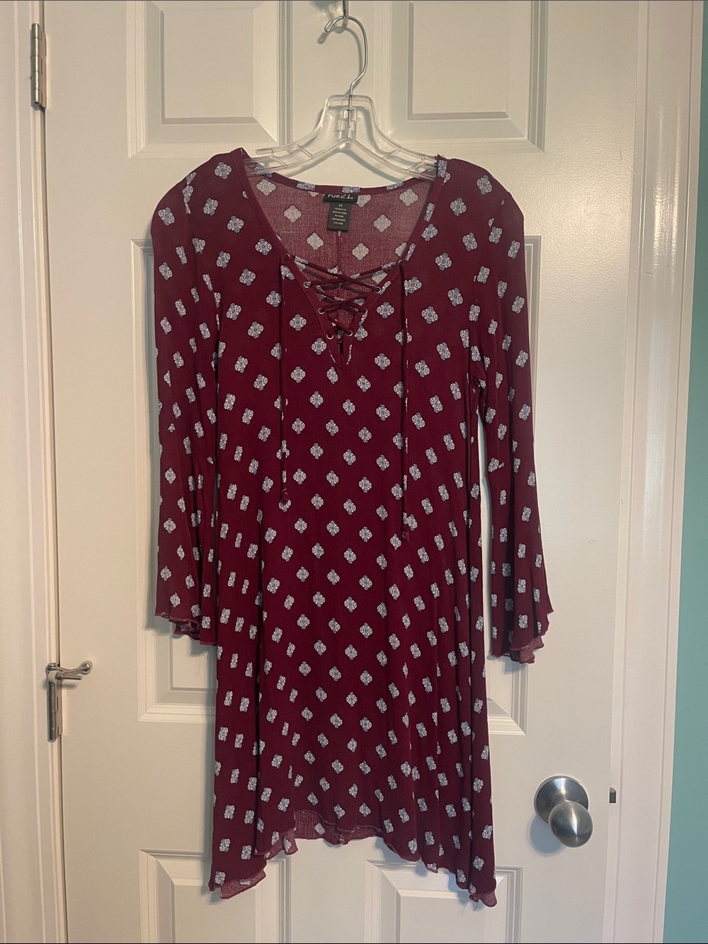 Rue21 Burgundy Lace-Up Printed Long Sleeve Dress
